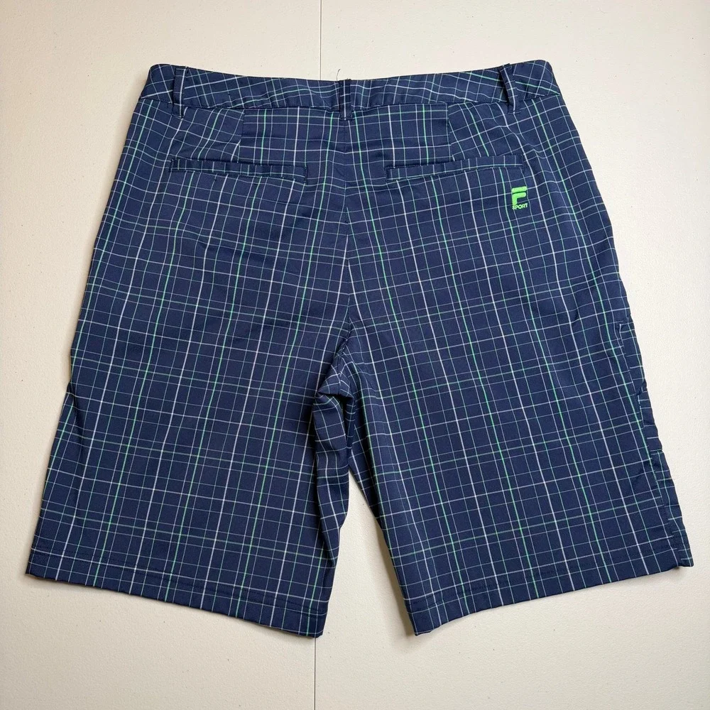 Fila Sport Golf Shorts Mens‎ 36 Navy Blue Green Plaid Performance Flat Front